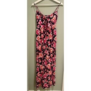 Navy Floral Maxi Dress Tie Front Spaghetti Strap‎ Flowy Summer Vacation Size XS